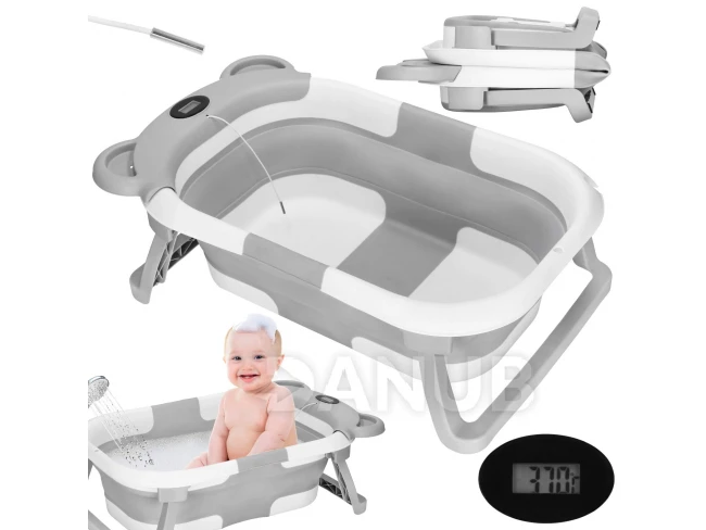 Dětská přenosná silikonová vanička - 27,5 l - se zátkou a teploměrem - bílo-šedá
