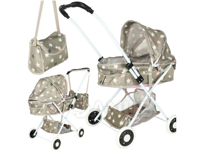 Kočárek pro panenky hluboký + taška - béžově šedý s hvězdičkami