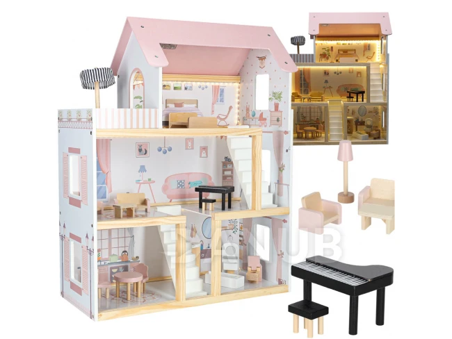 Dřevěný domeček pro panenky + nábytek - 80cm - růžový