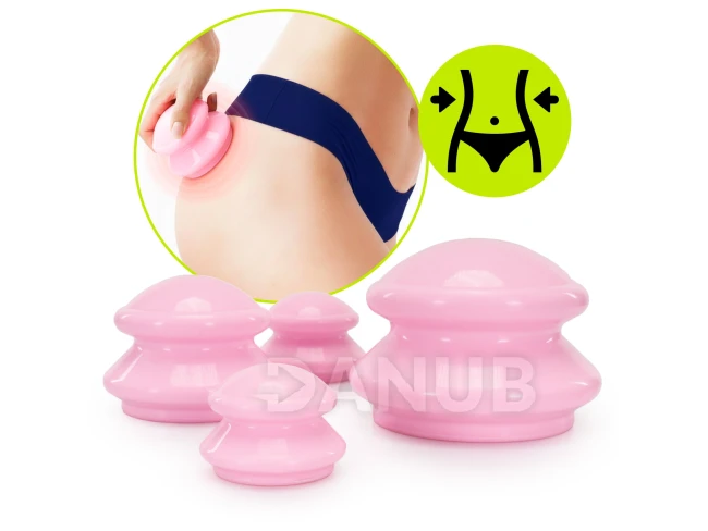 Čínské bankovní vaničky, gumové, pro masáž, sada 4 kusů, proti celulitidě, růžové