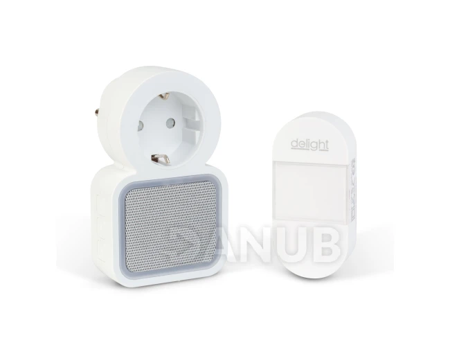 Digitální bezbateriový a bezdrátový zvonek – Kinetický – do zásuvky 220–240V AC – bílý – modrá LED