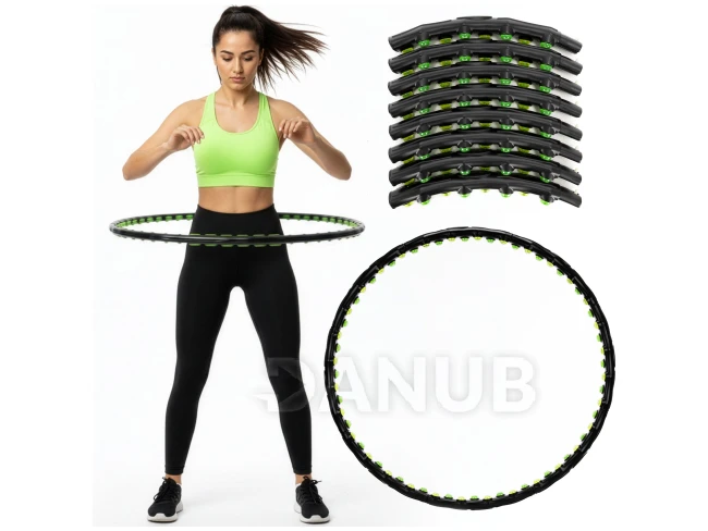 Hula hoop s masážními výstupky - 88 cm - skládací - černo-zelený