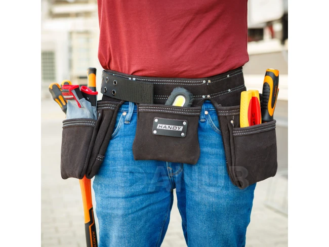 Profesionální kožený pásek na nářadí – 7 kapes, 1 držák na kladivo, 4 držáky na tužky
