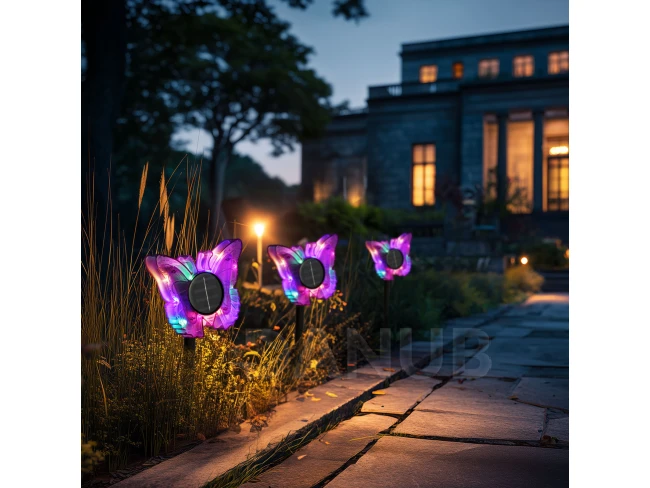 Zápichová solární lampa – motýl – fialová – 13 x 6,5 x 35 cm – teplá bílá + barevné LED