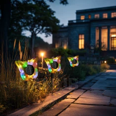 Zápichová solární lampa – motýl – žlutý – 13 x 6,5 x 35 cm – teplá bílá + barevné LED