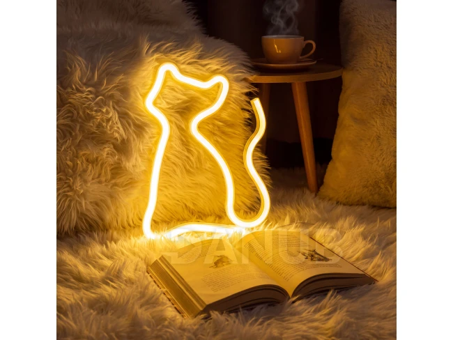 Neonová LED lampa - teplobílá kočka - 3 x AA + USB - 17 x 1,6 x 23,3 cm