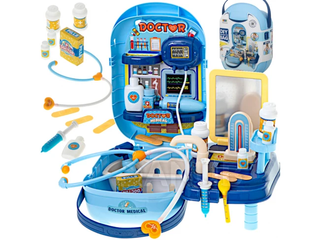 Lékařská sada s příslušenstvím v kufříku. + stůl - 34ks - modrá