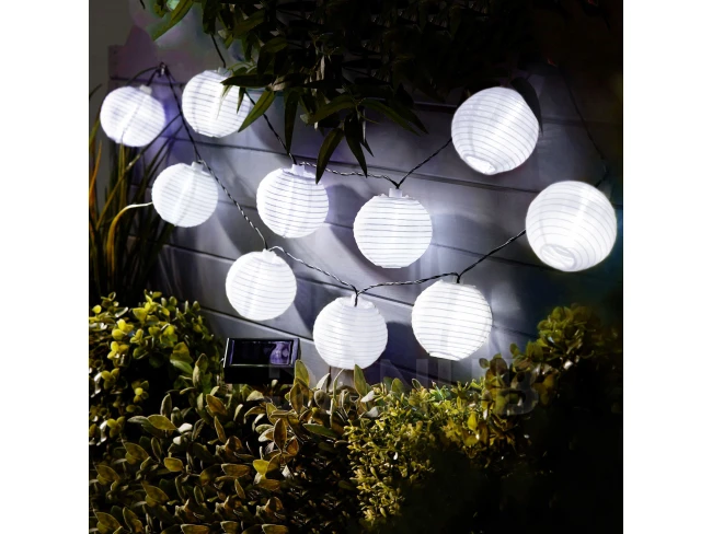 Řetěz ze solárních lampionů - 10 ks bílých lampionů, studená bílá LED - 3,7 m