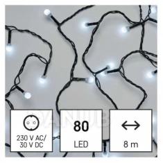 LED vánoční cherry řetěz - kuličky, 8 m, vnější i vnitřní, studená bílá, programy