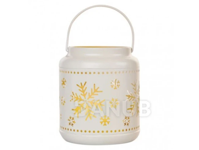 LED dekorace - lucerna s vločkami kovová bílá, 14 cm, 3x AAA, vnitřní, vintage