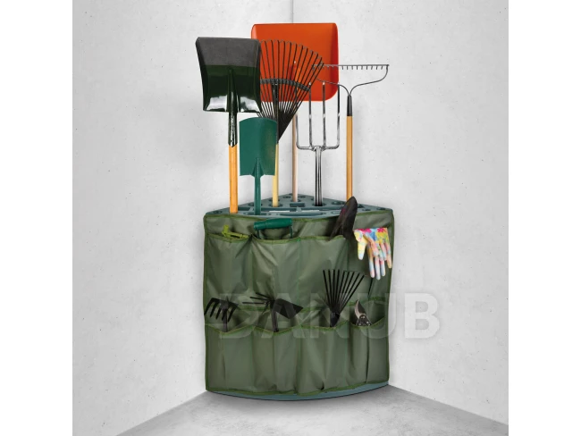 Plastový zahradní držák nářadí do rohu - připevnitelný na zeď - 43 x 43 x 59 cm