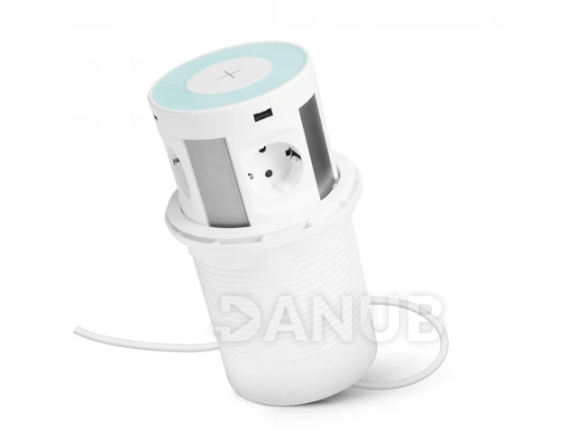 Skrytá prodlužovačka - se 4 zásuvkami + bezdrátové nabíjení + 2xUSB + 2xType-C - bílá