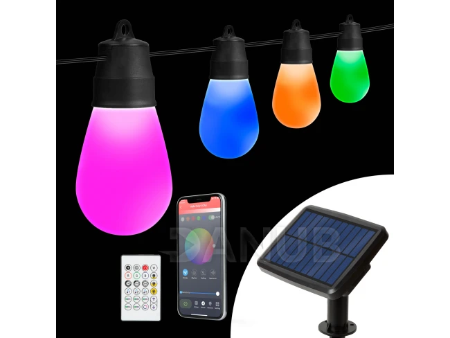 Smart solární světelný řetěz - 15 ks RGBIC LED - 6,5 m - bluetooth