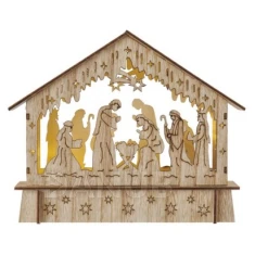LED vánoční betlém dřevěný, 15 cm, 2x AA, vnitřní, teplá bílá, časovač