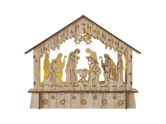 LED vánoční betlém dřevěný, 15 cm, 2x AA, vnitřní, teplá bílá, časovač