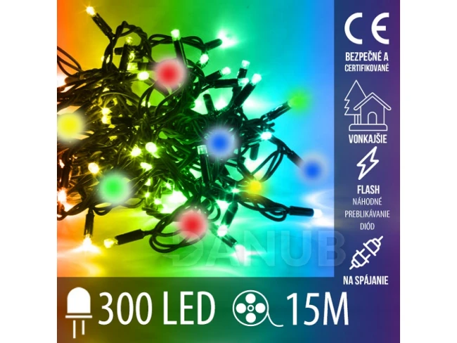 Vánoční led světelný řetěz vnější FLASH - ke spojování - 300led - 15m - multicolour