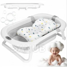 Dětská přenosná silikonová vanička - 40 l - se zátkou, podložkou a teploměrem - bílo-šedá