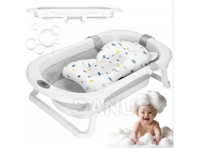 Dětská přenosná silikonová vanička - 40 l - se zátkou, podložkou a teploměrem - bílo-šedá