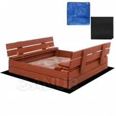 Dřevěné pískoviště s lavičkami - 100x100 cm - uzavíratelné - hnědé