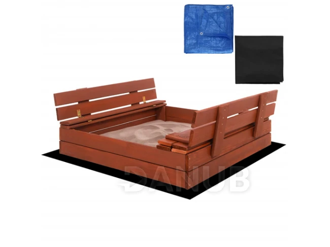 Dřevěné pískoviště s lavičkami - 100x100 cm - uzavíratelné - hnědé