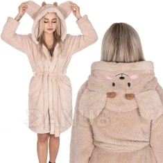 Dámský plyšový župan Classic s kapucí - S/M - světle hnědá - vzor medvídek