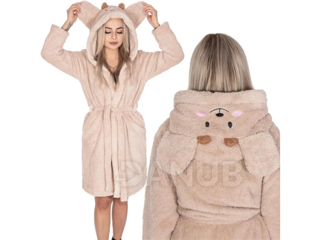 Dámský plyšový župan Classic s kapucí - S/M - světle hnědá - vzor medvídek