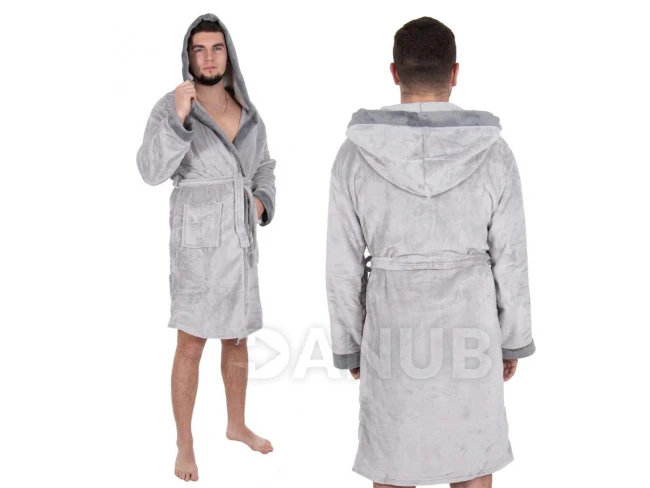 Pánský plyšový župan s kapucí - L/XL - šedý
