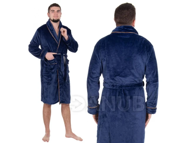 Pánský plyšový župan - L/XL - tmavě modrý s hnědou