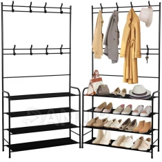 Věšák na oblečení + botník - 150x80x25 cm - kovový - černý