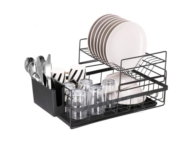 Odkapávač na nádobí a příbory - kovový - patrový - 30x50x24 cm - černý