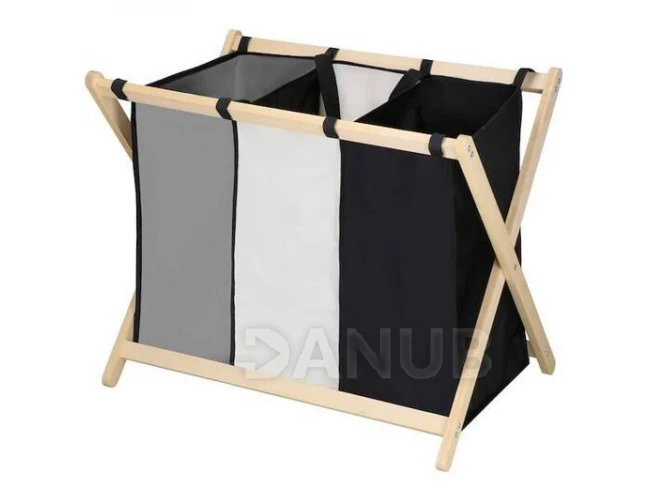 Prádelní koš se třemi přihrádkami - skládací - hranatý rám - 105 l - černá/šedá/ecru