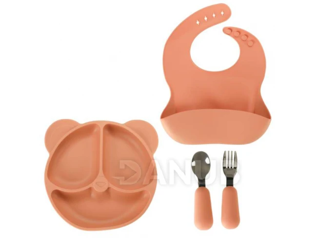Silikonové dětské nádobí - medvídek - oranžový - 4ks