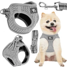 Beztlakový postroj pro psy, kočky L do 14-20 kg + vodítko 150 cm šedé