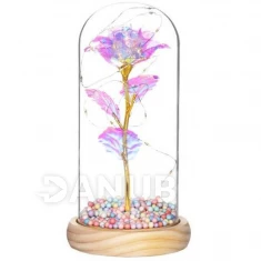 Věčná růže ve skle - Led - 22 cm - křišťál/zlatý stonek/barevné kuličky