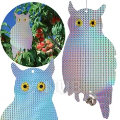 Závěsná holografická sedící sova - odpuzovač ptáků se zvonkem