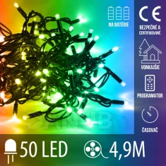 Vánoční led světelný řetěz vnější na baterie s časovačem + programator - 50led - 4,90m Multicolour