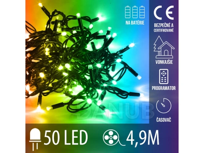 Vánoční led světelný řetěz vnější na baterie s časovačem + programator - 50led - 4,90m Multicolour