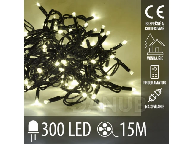 Vánoční led světelný řetěz vnější - ke spojování + programator - 300led - 15m Teplá bílá
