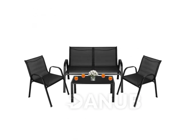 Sestava zahradního nábytku: sedačka, 2 židle a stůl se skleněnou deskou - černá